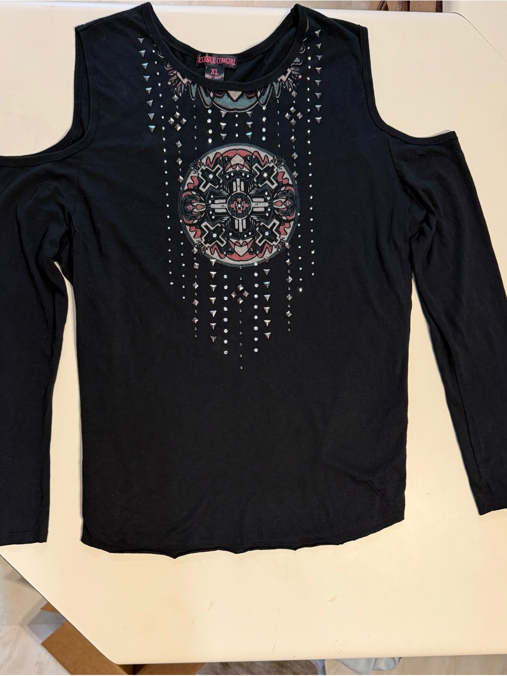 Rock & Roll Cowgirl Black Cold-Shoulder Long Sleeve Top